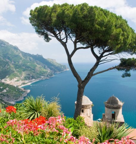 Flowers and a tree overlooking the sea and the green mountains in Amalfi, Italy.
