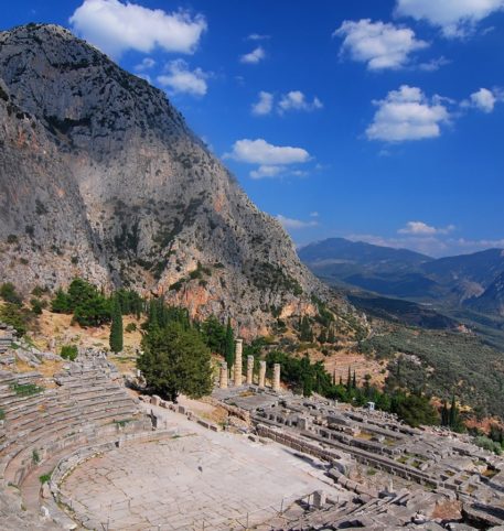 The ancient Greek theater in Delphi, one the most popular vacation destinations in Greece.