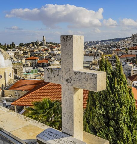 View of Jerusalem as seen from the roof of a Church. A muslim mosque in the background.