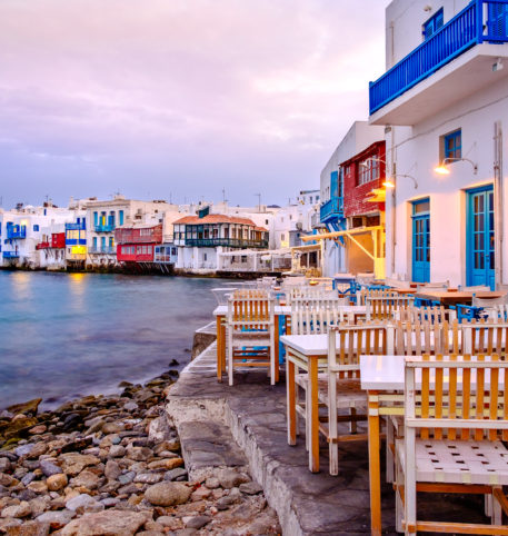 Restaurant by the sea overlooking the Little Venice in Mykonos island.