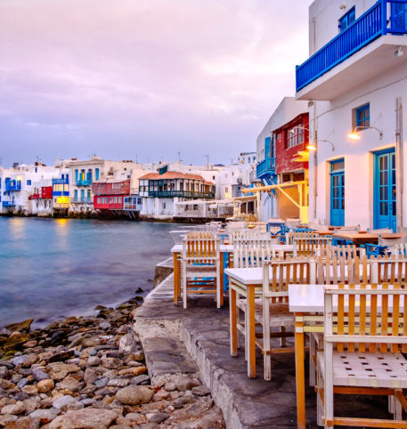 Restaurant by the sea overlooking the Little Venice in Mykonos island.