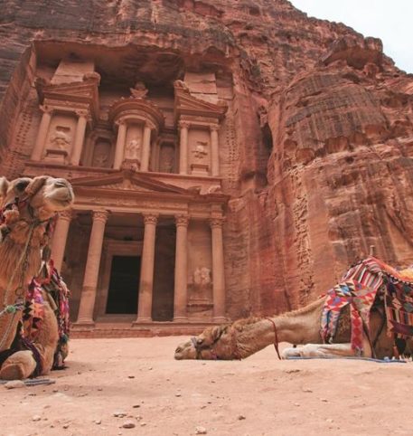 The exterior of Petra, a famous archaeological site in Jordan's southwestern desert.