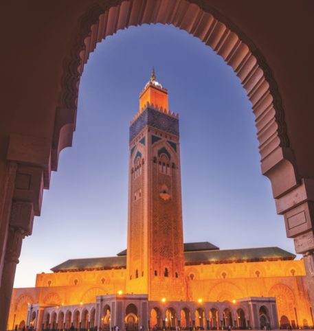 Dusk at the great mosque in Casablanca in Morocco. Morocco holidays and vacations package.